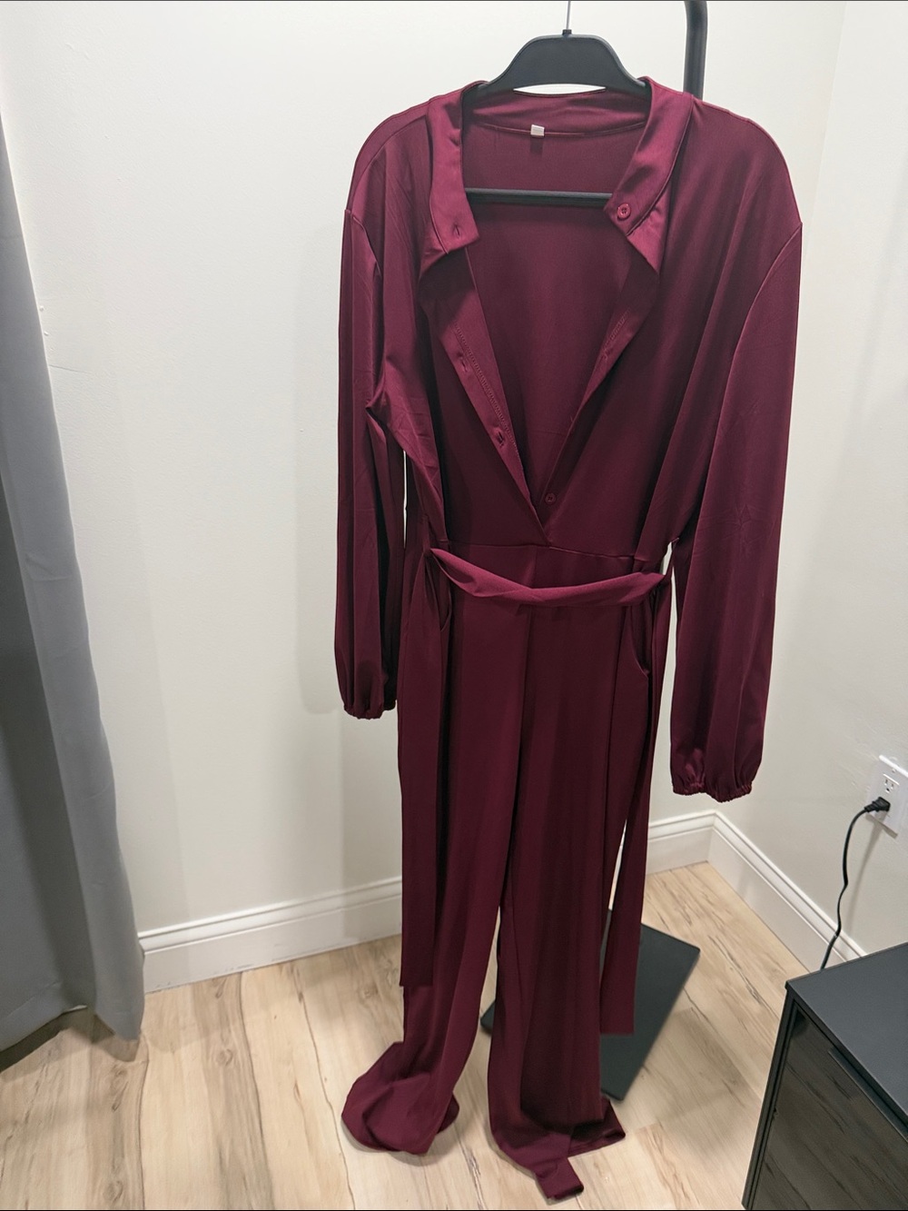 Burgundy Long Sleeve Belted Jumpsuit